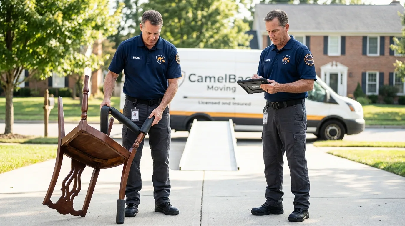 Movers inspecting furniture for damage prevention before loading in Keedysville, MD