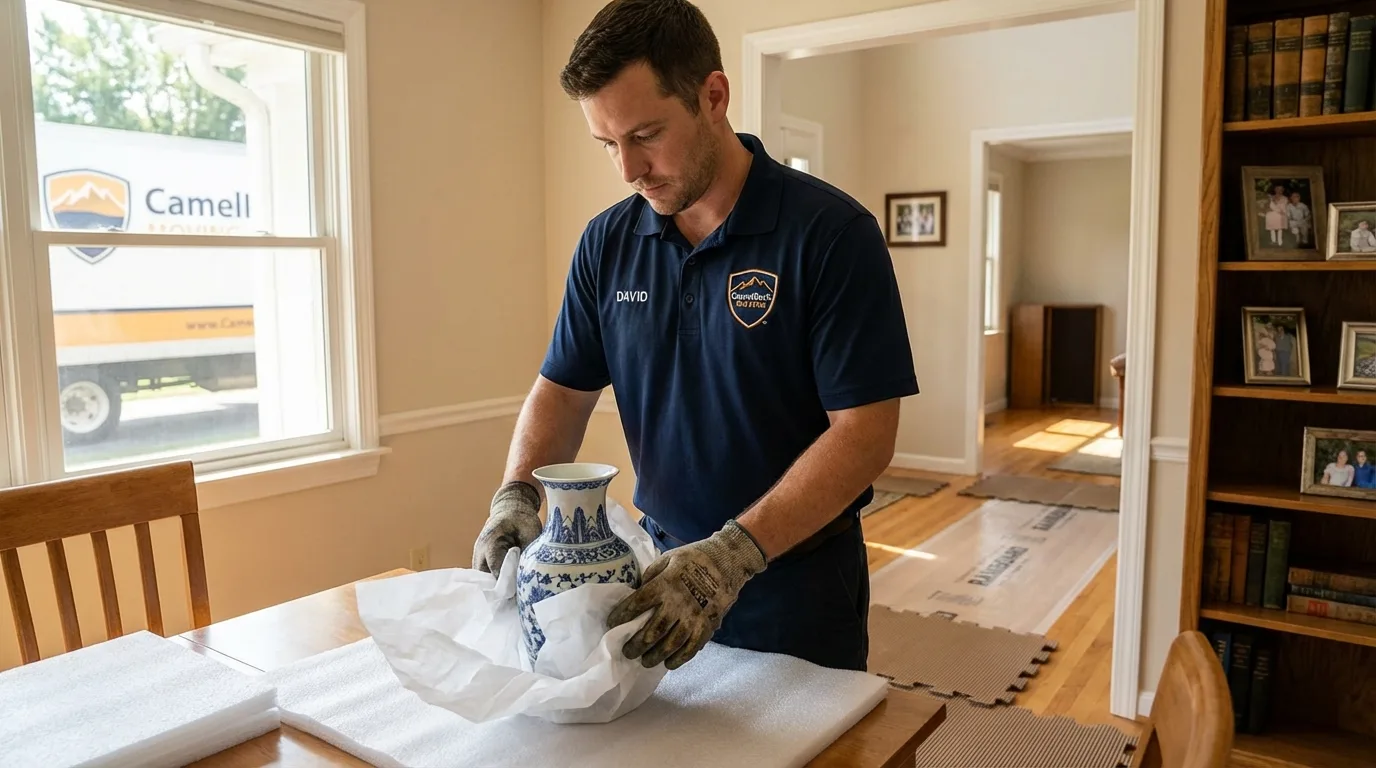 Professional crew carefully wrapping antique vase for senior downsizing move in Keedysville, MD